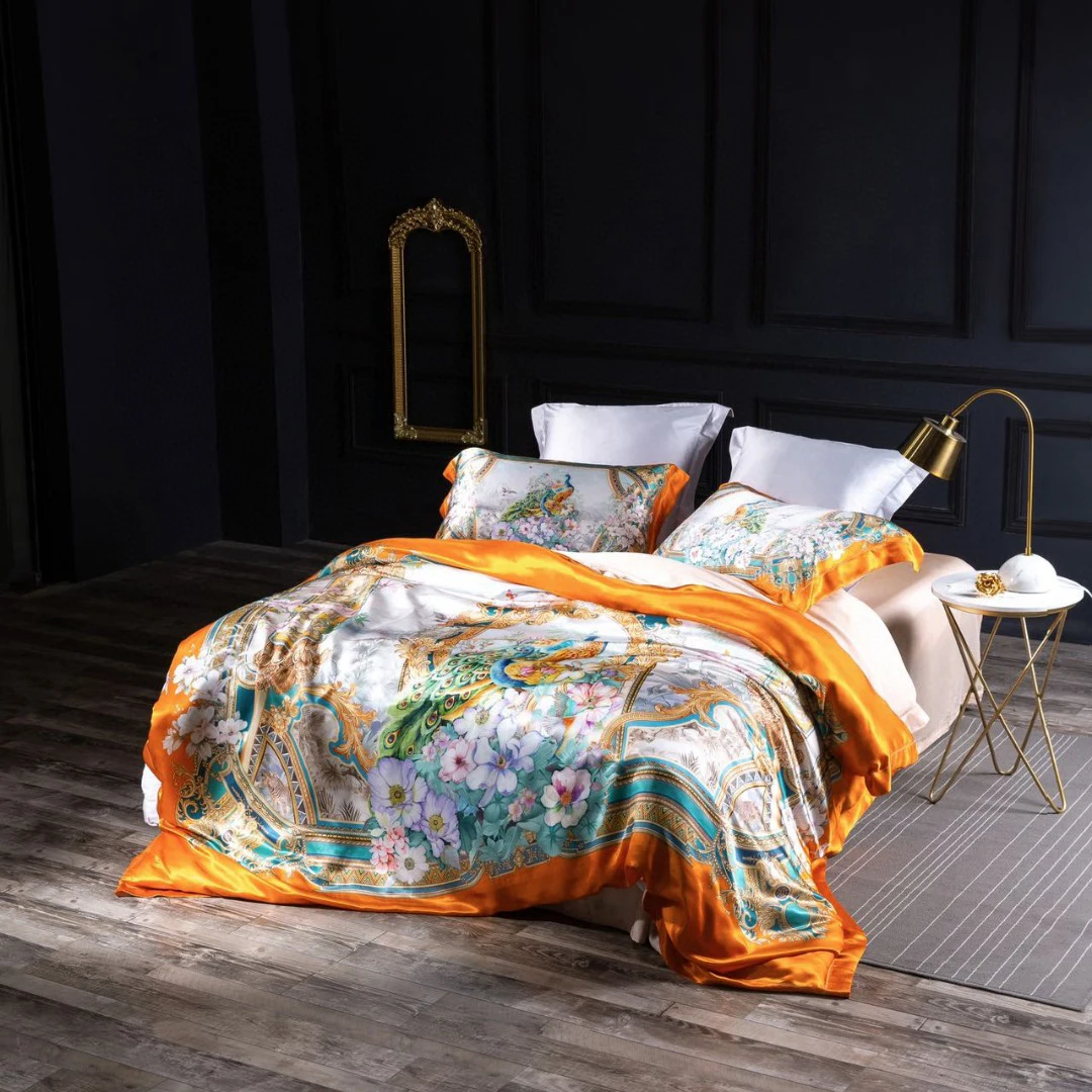 Top  Orange Silk Printing Quilt Cover Pillowcase king Size 4 Piece Bedding Set Supplier