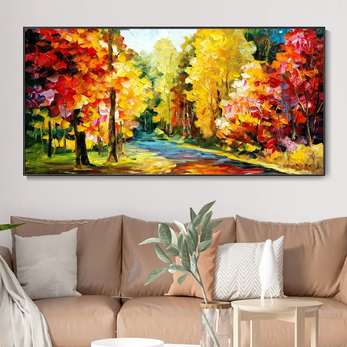 3D Fall Wall Decor Hand Painted Oil Painting Landscape Artwork Abstract Forest Palette Knife Painting Color Texture Wall Art