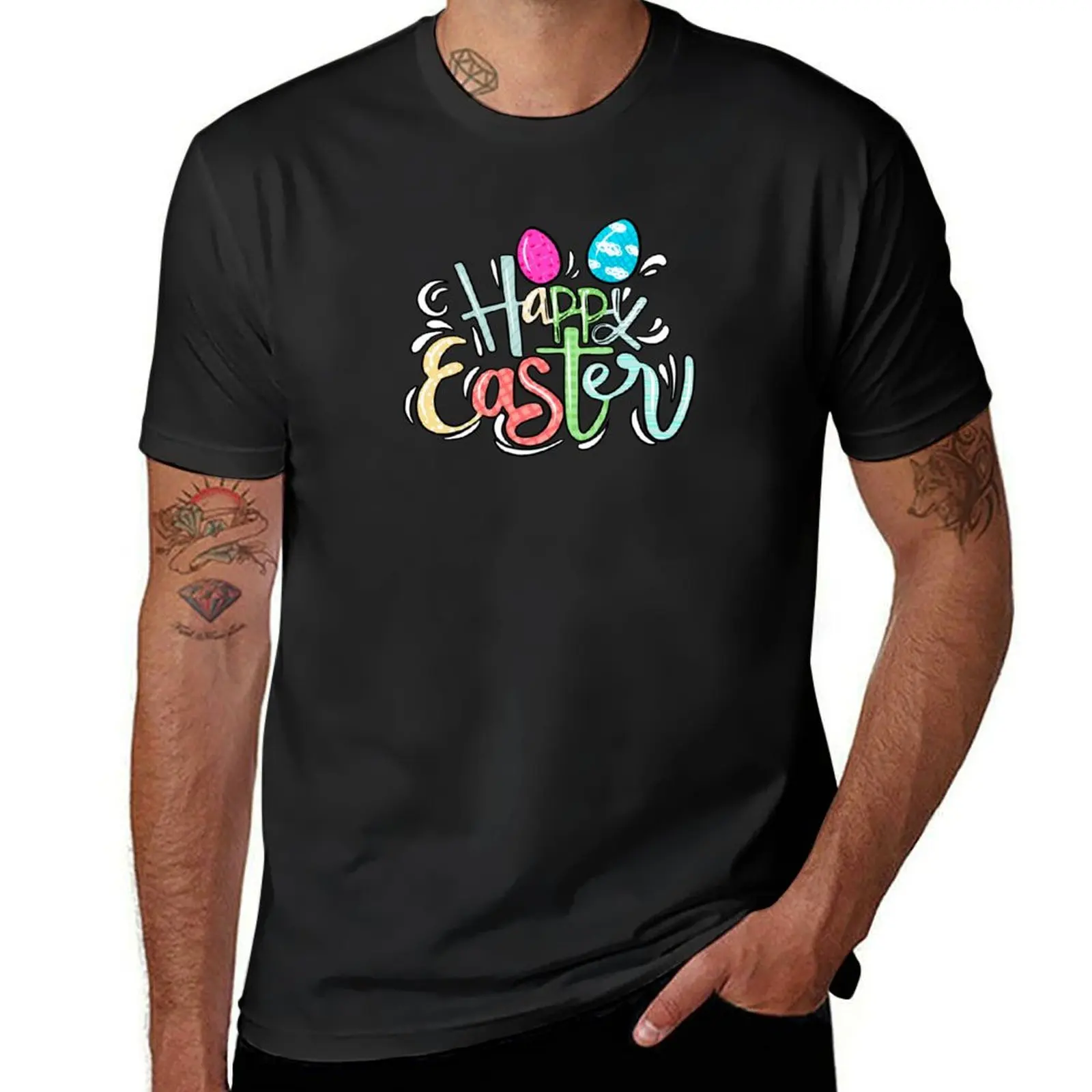 

Happy Easter Text Bunny Season Easter Holiday Colourful Eggs T-shirt graphics shirts graphic tees designer t shirt men