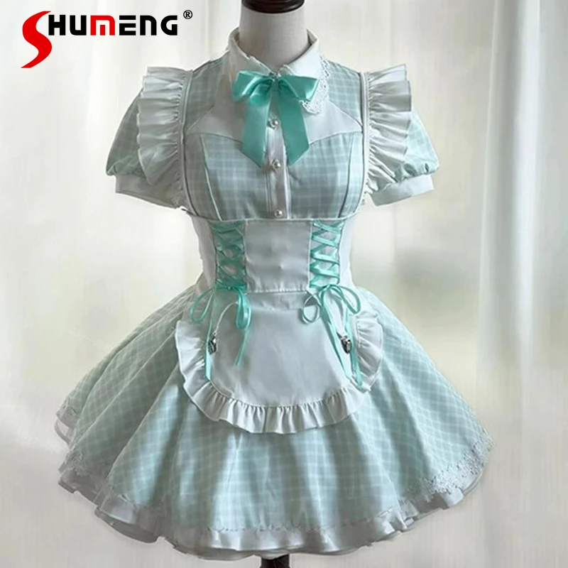 

Mint Green Plaid Lolita Maid Dress Women's White Lace-up Apron Japanese Sweet Bow Decor Cute Party Dresses High-waisted Vestidos