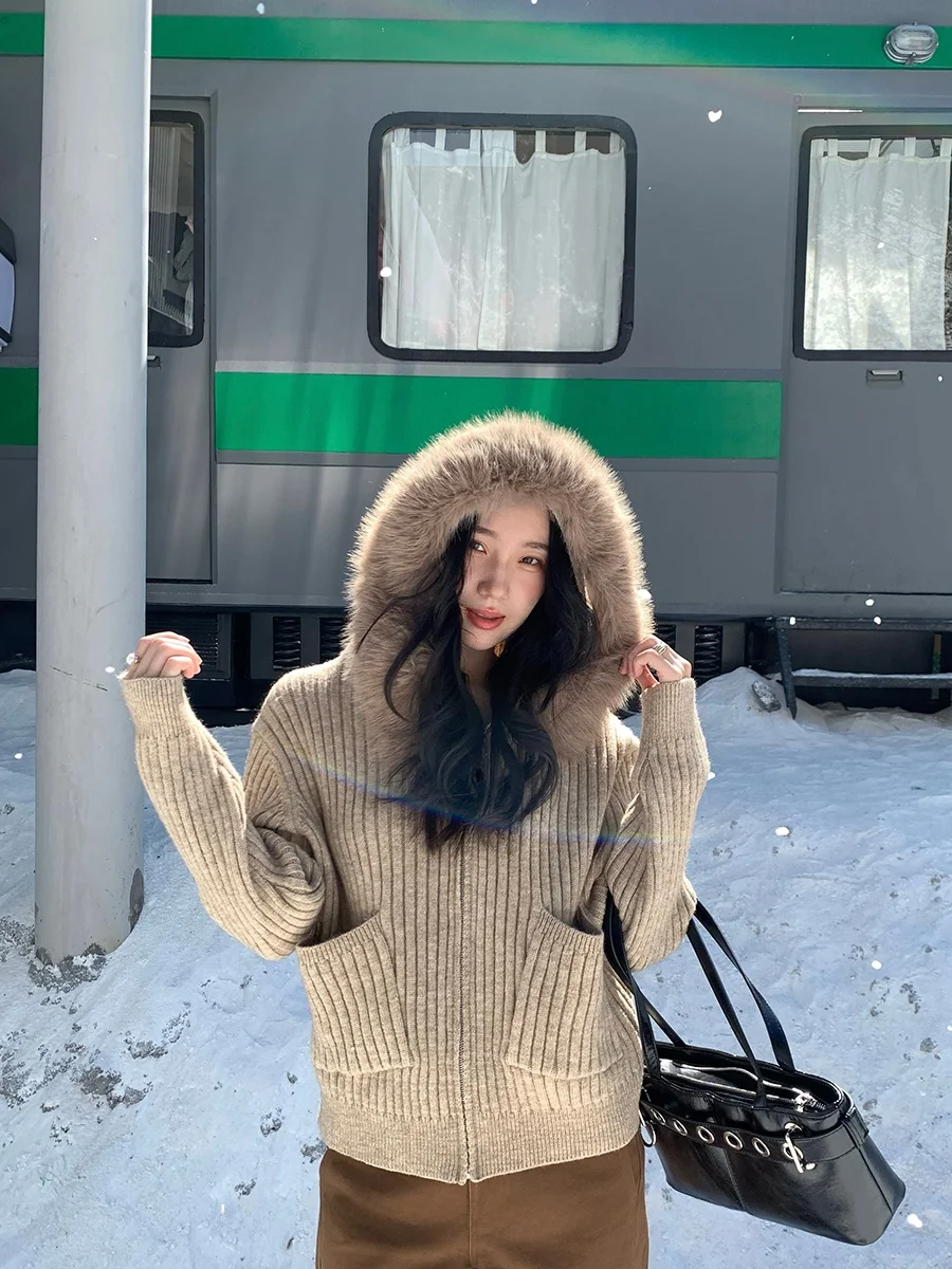 

Olive een Removable Collar Zipper Knit Cardigan Casual Sle Fem Pullover Sweater Outerwear Autumn Winter High End Feeling