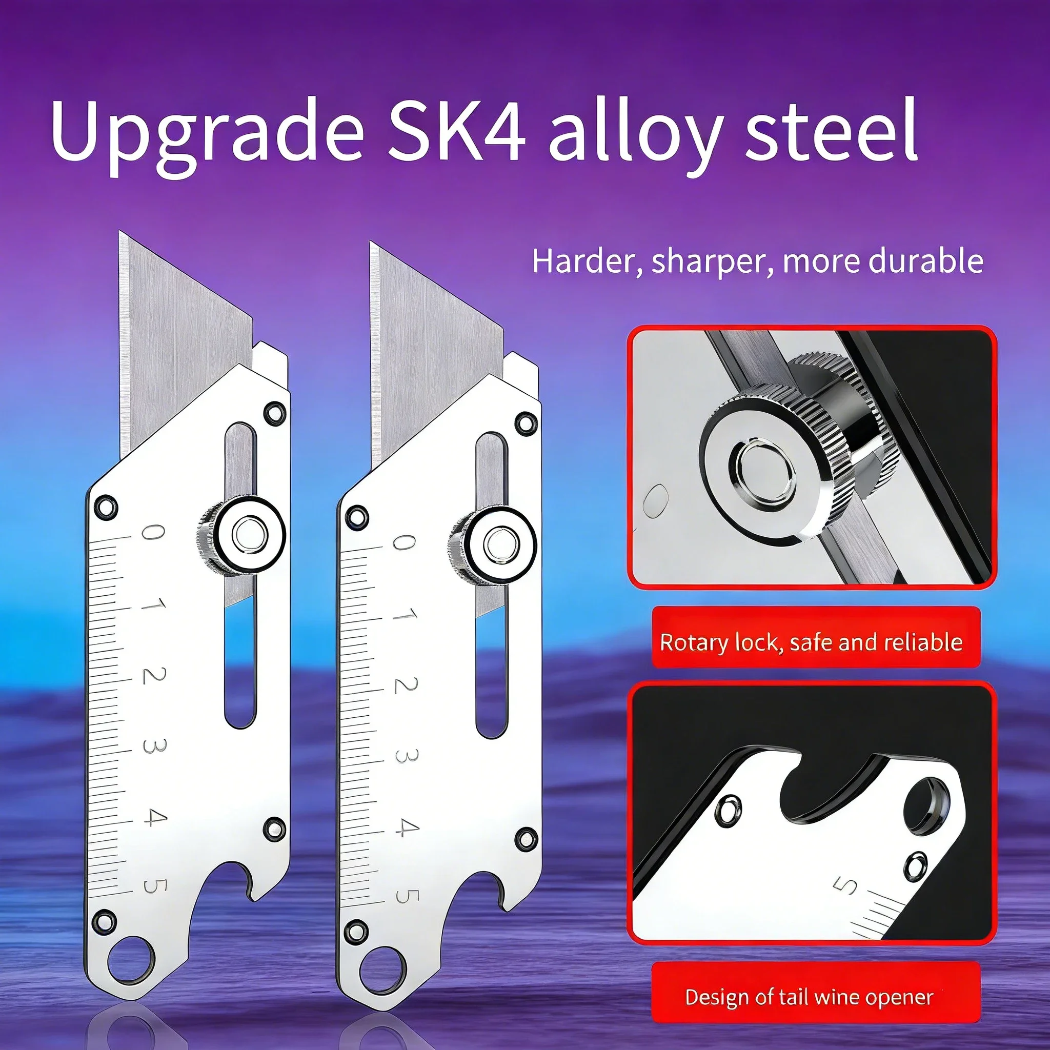 All-Steel Heavy Duty Utility Knife with Bottle Opener & 5 Free Blades - Industrial Multifunction Tool