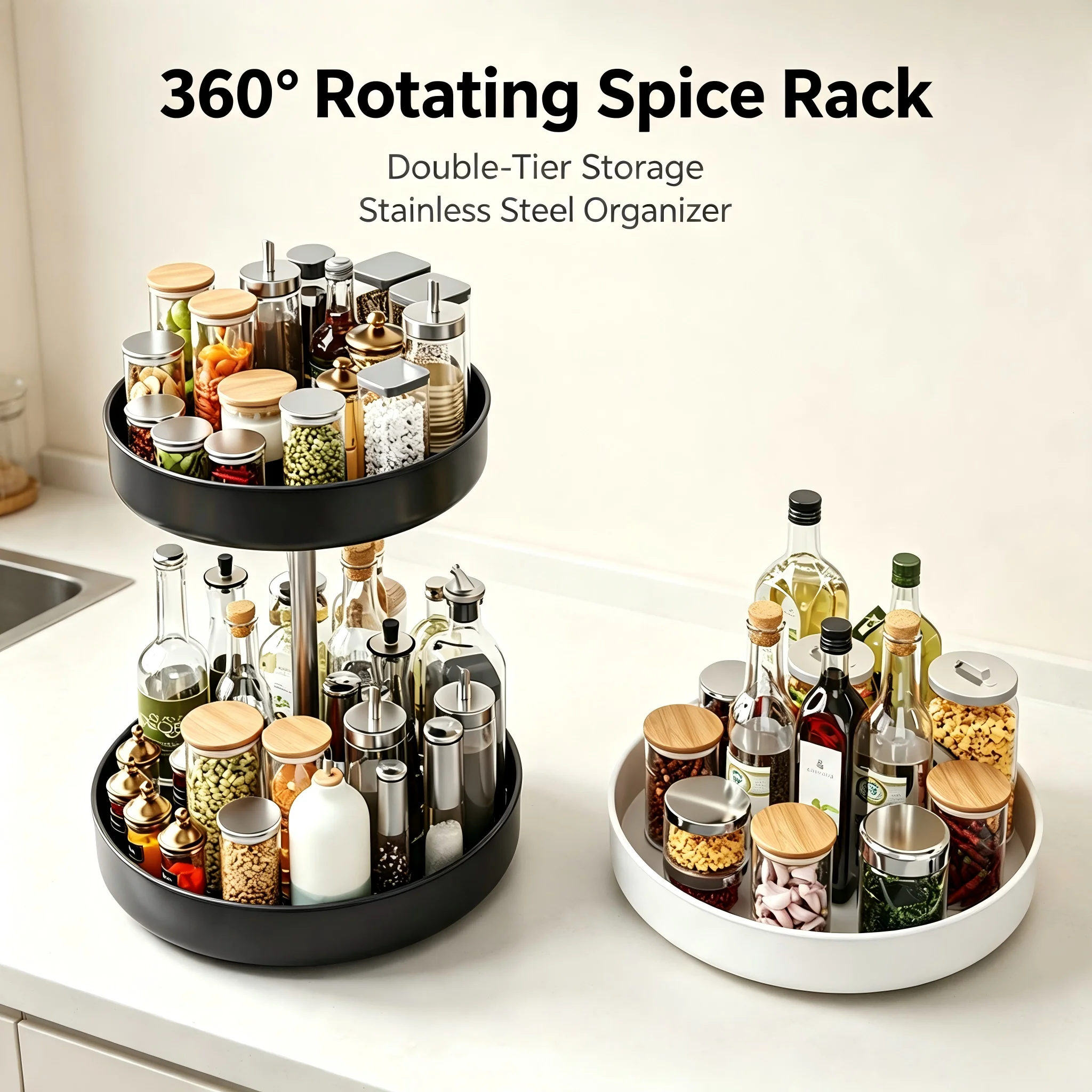 2-Tier Rotating Kitchen Spice Rack, Stainless Steel 360° Turntable Seasoning Organizer for Countertop, Double Layer Lazy Susan S