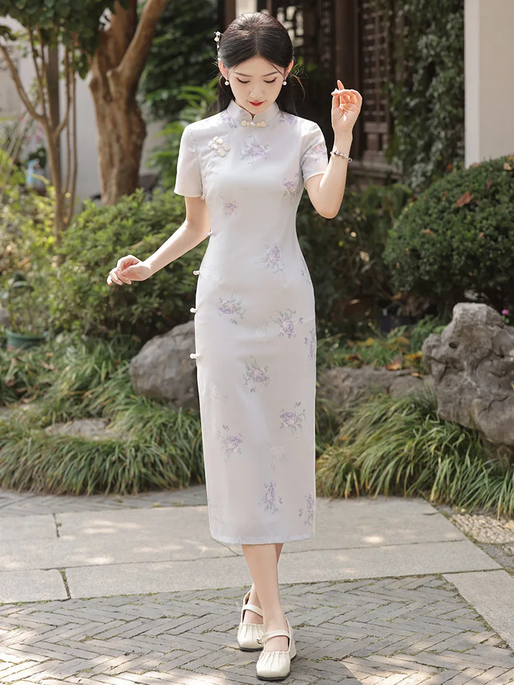 Vintgae Elegant Female Chinese Dress Sexy Slim Split Cheongsam Summer Short Sleeve Print Floral Long Qipao Vestidos