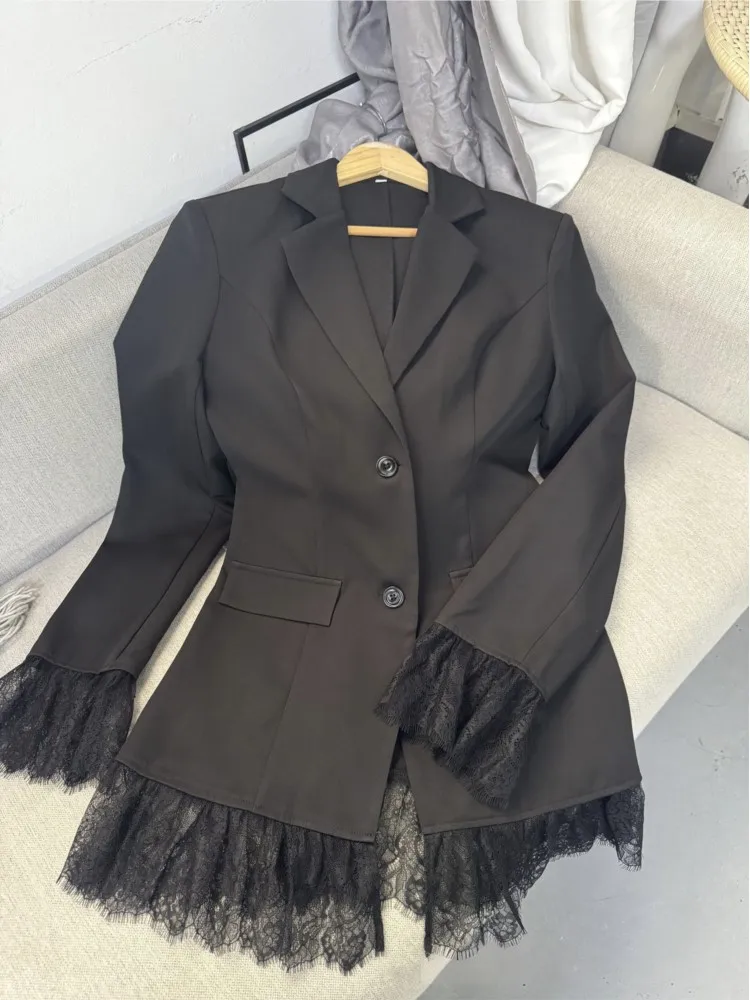 Elegante Kanten Blazer Jas Damesmode Kantoor Dame Volledige Mouw Single Breasted Jassen 2025, Nieuwe Herfst Zwart Casual Slanke Jassen