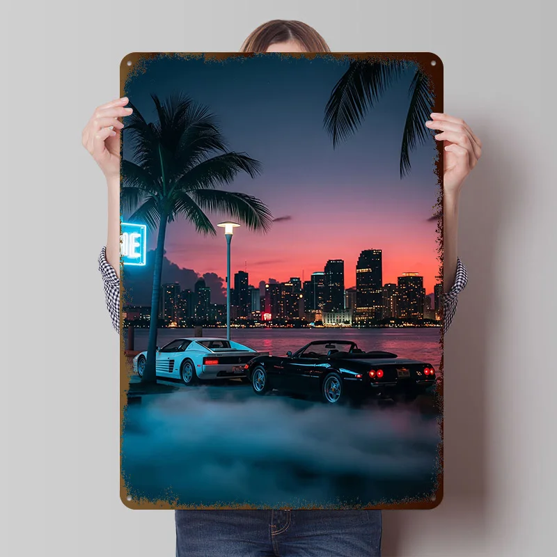 Póster de hojalata de coche deportivo de Miami Vice Cars At Sunset, arte de pared personalizado, carteles de Metal Vintage, placa de hojalata Retro para decoración de baño