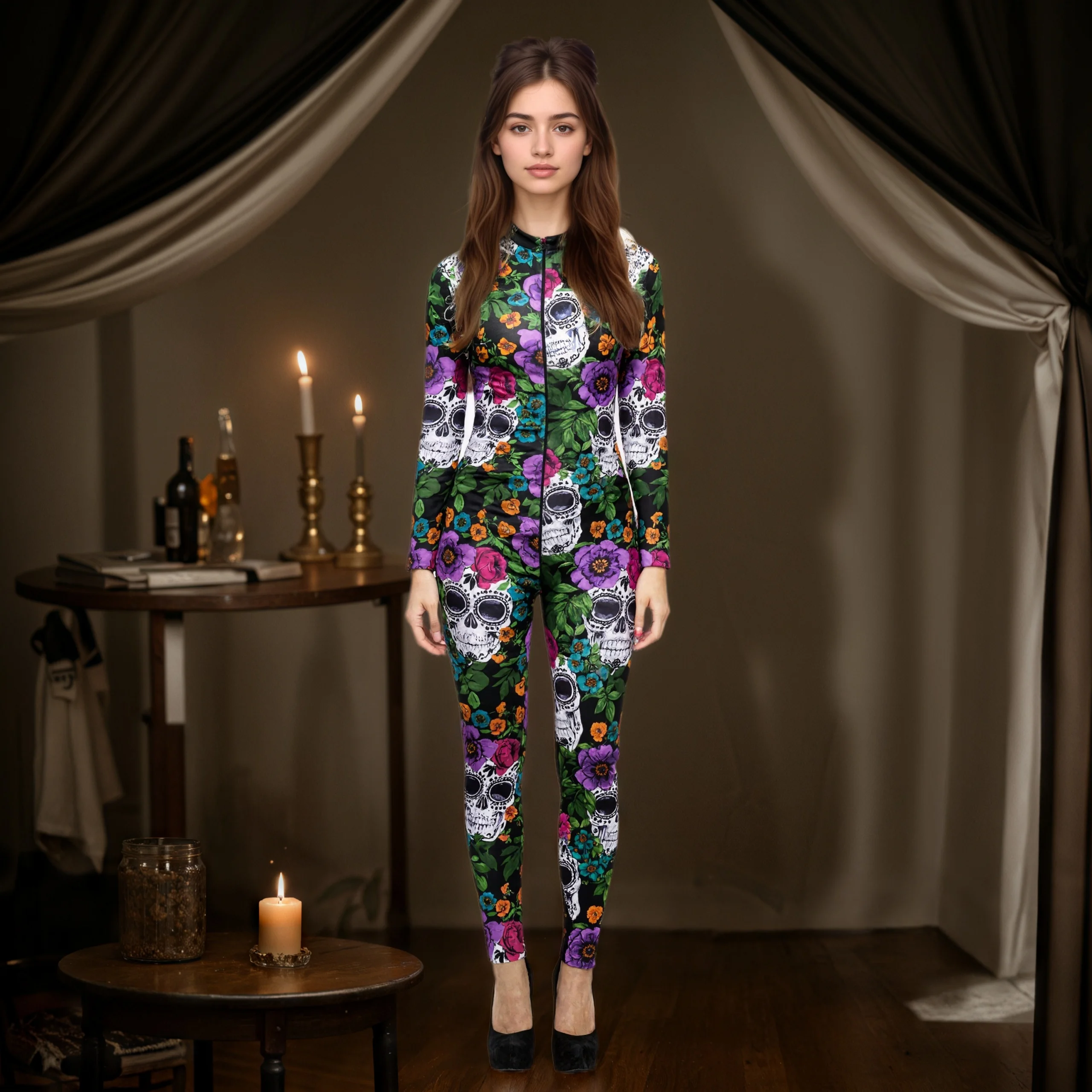

Day Of The Dead Women Skeleton Cosplay Jumpsuit And Mask Party Skull Steampunk Costume Elastic Bodysuits Romper