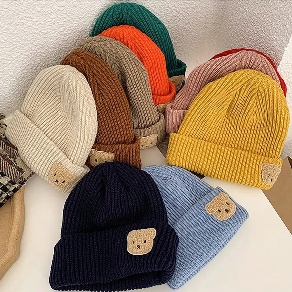 

Cartoon Bear Baby Pullover Hat 2023 New Ear Protection Brimless Knitted Cap Winter Warm Beanie Caps Kids Boy Girl