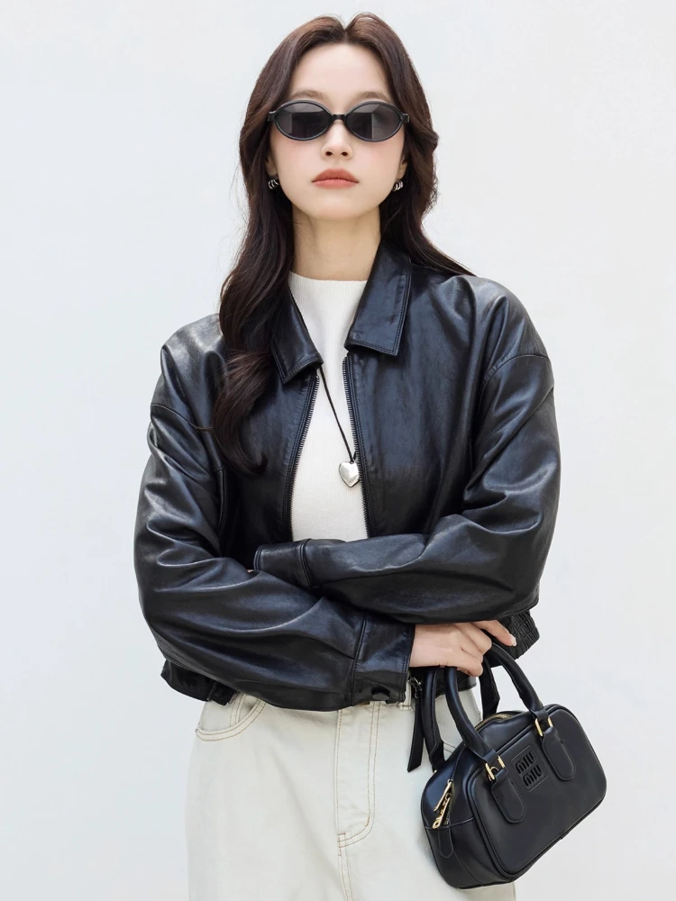 スリムショート本革バイクジャケット女性用春秋2025新作高級シンプル無地ソフトオイルワックスリアルシープスキンコート
