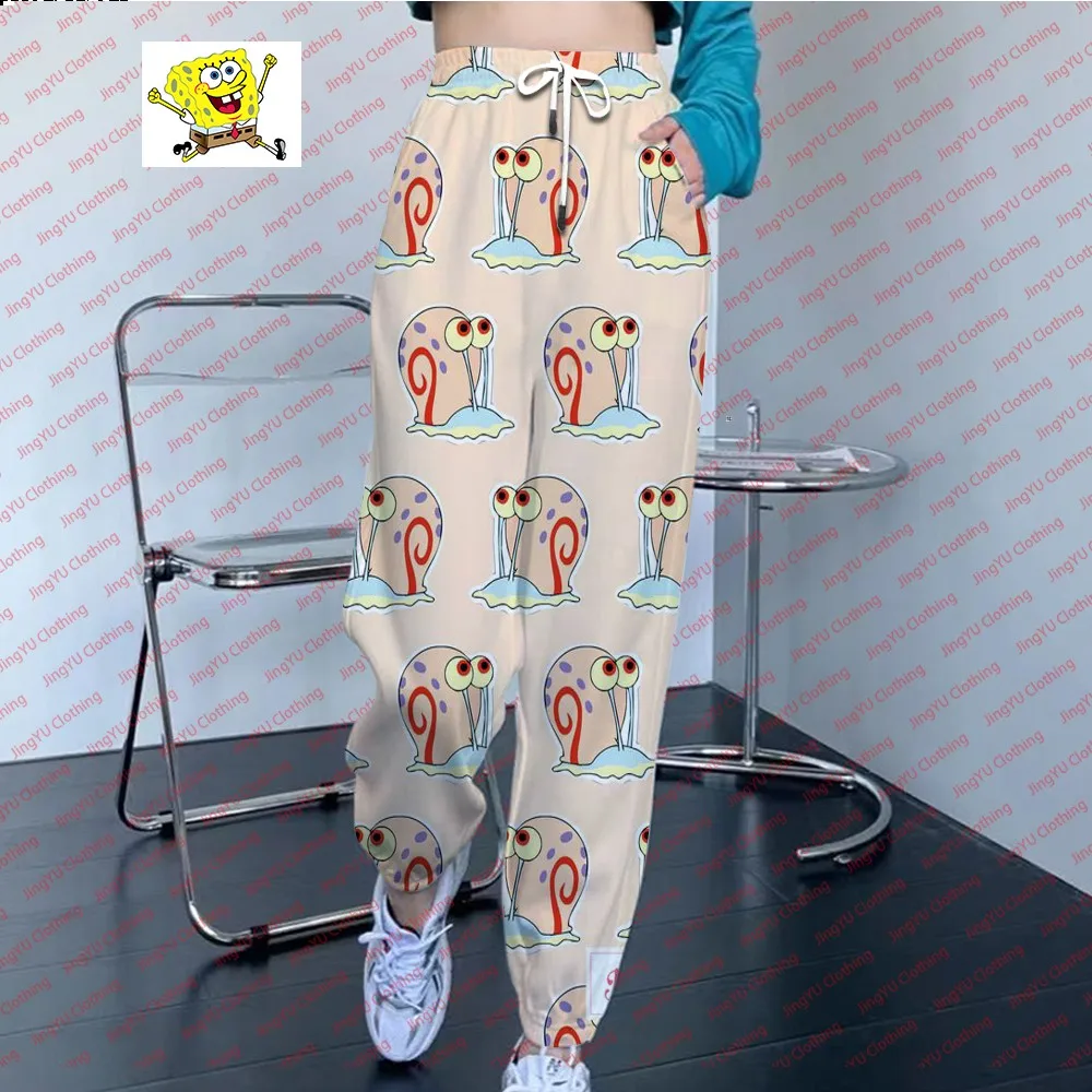 Calça de jogging feminina com padrão Bob Esponja, confortável, básico, casual, moda de rua, outono, 2024