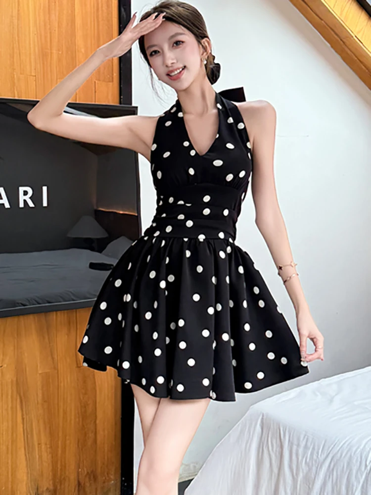 Mini robe d'été noire à pois, Chic, avec nœud sur le cou, Vintage, Hepburn, vêtements de bal, élégante, coréenne, moulante, 2025