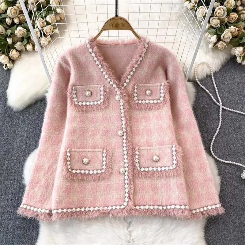 

2023 Autumn Winter Sweater Jacket Celebrity Temperament Long Sleeve V-Neck Tassel Imitation Mink Coat Women's Casual Top Z3694