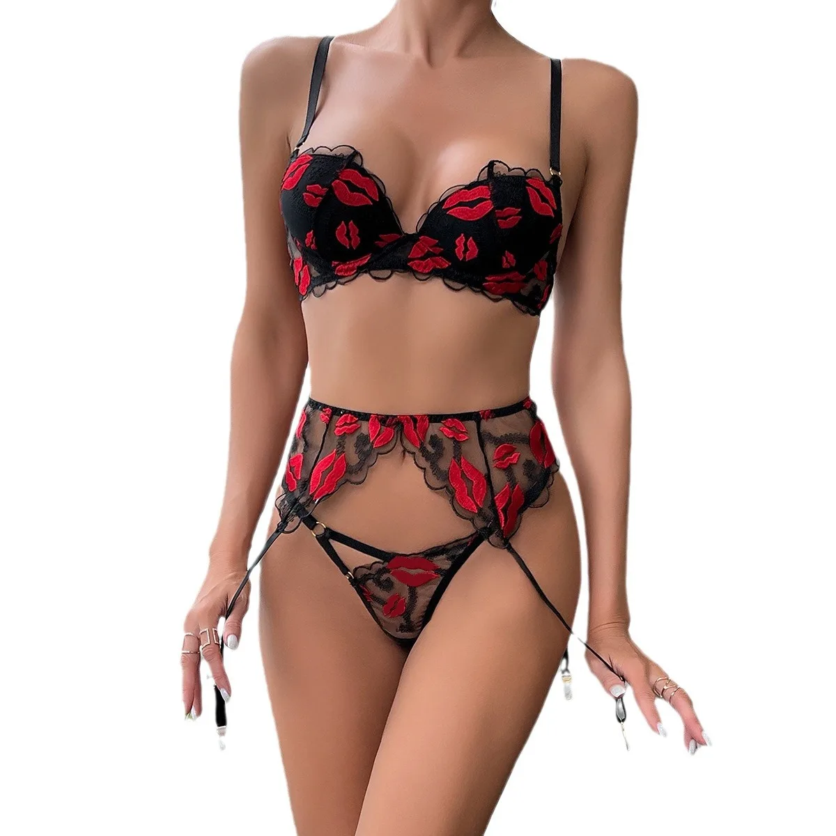 

Erotic Bra Set 3PC Red Lips Embroidery Push Up Lingerie Sheer Mesh Bodysuit Garter Belt Transparent Sexy Lace Underwear Femme