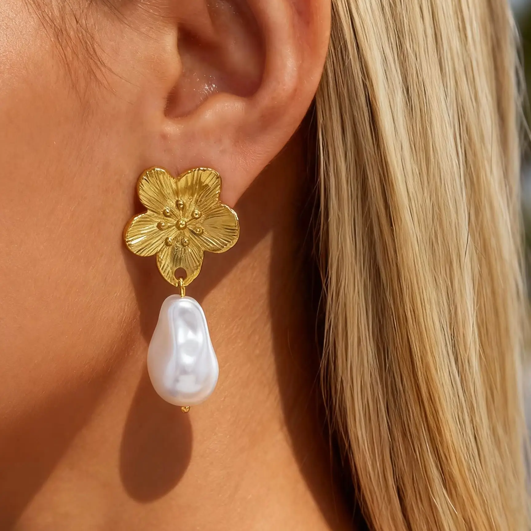 Dainty Stainless Steel Flower Imitation Pearl Dangle Earrings for Women Sweet Vein Floral Drop Earrings Party Jewelry Gift
