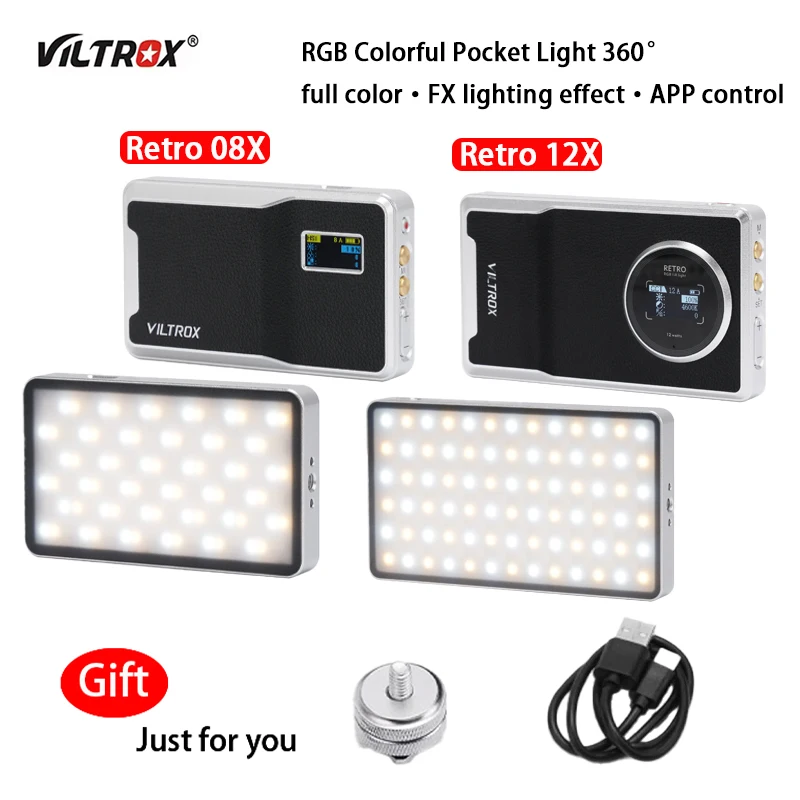 

Портативный светильник Viltrox Retro 08X 12X, RGB светодиодный портативный светильник для видео, селфи, заполняющая фото, мягкая лампа, управление через приложение 2500K-8500K