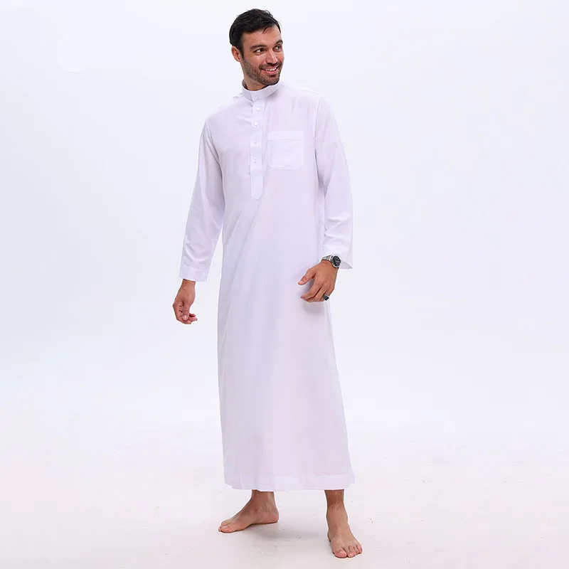 ملابس رجالية إسلامية بيضاء طويلة الأكمام فضفاضة مسلم رداء طويل رجل عباية قفطان عربي زر الوقوف طوق ثوب جوبا