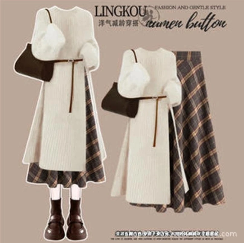 Autumn/Winter Retro Set Women's Korean Style Knitted Wool Skirt+High Waist Slimming Plaid Half Skirt Two Piece Set image 2