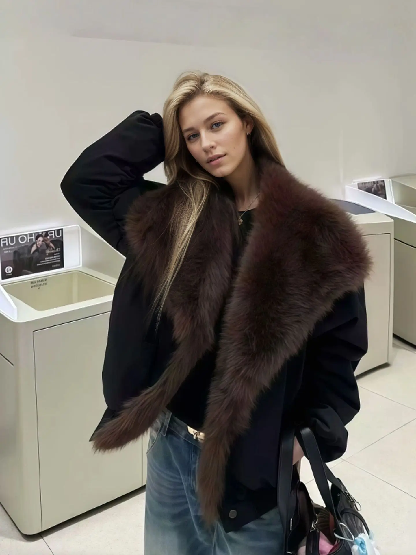 Women's Double-Sided Fur Collar Jacket Imitating Fox Fur Trendy Winter Coat Beautiful Outfit for Overcoming Cold Weather