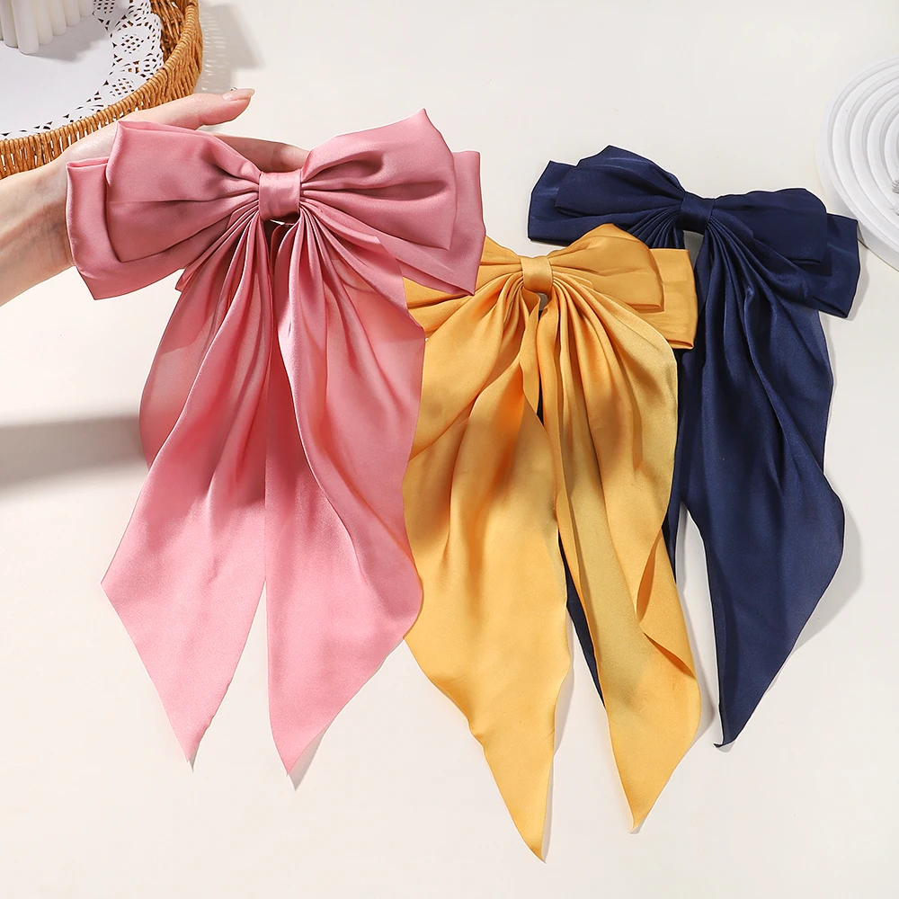 Fashion Big Bowknot Ribbon Hairpin Girl Grace Double Layer Satin Barrette Retro Back Head Spring Clip Headwear Hair Accessories