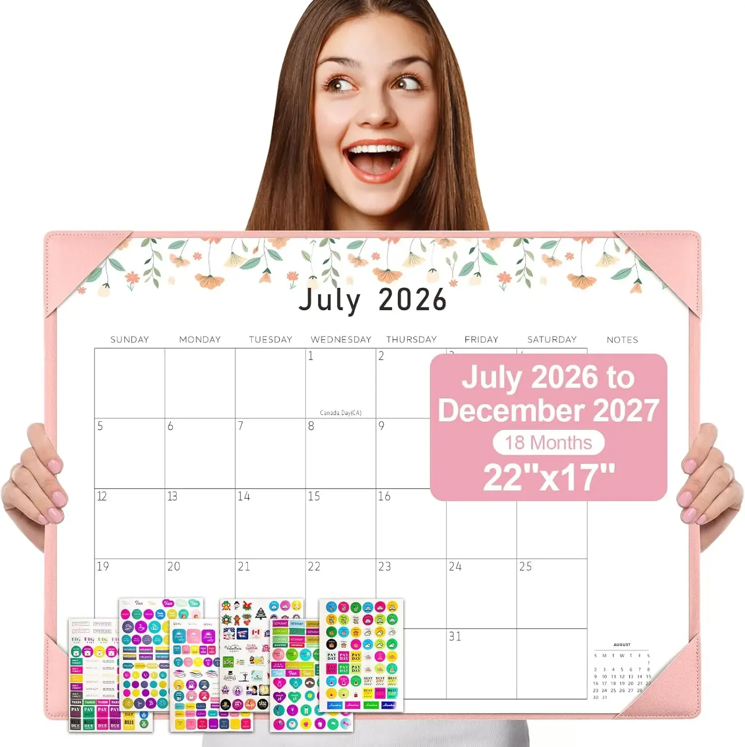 

Large Desk Pad Calendar 2026-2027, 22"x17" 18-Month July 2026-Dec 2027, Pink with 6 Stickers
