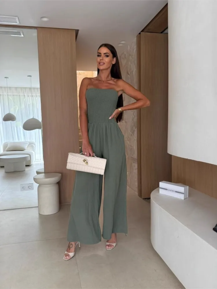 Sexy Jumpsuit Tube Top Wide Leg Jumpsuits Casual Loose Elastic Bust High Waist Commuting Office Vacation Business Rompers Female