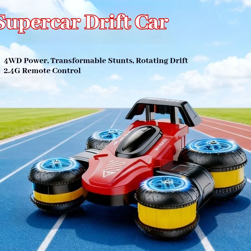 Kids Rc Stunt Car 4wd High‑Speed Drift Flip Side‑Drive Rotating Remote Control Car With Light Effects Boys Birthday Gift Toy