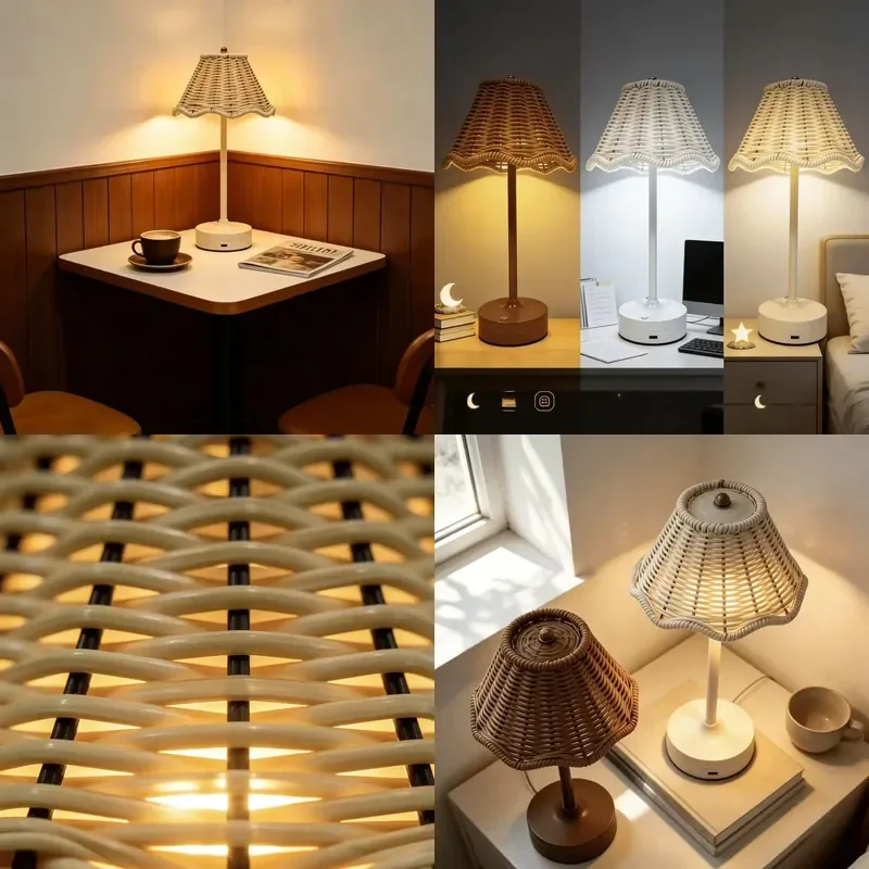 LED Rechargeable Retro Rattan Atmosphere Night Light Outdoor Camping Table Lamp for Bar Restaurant Living Room Bedroom