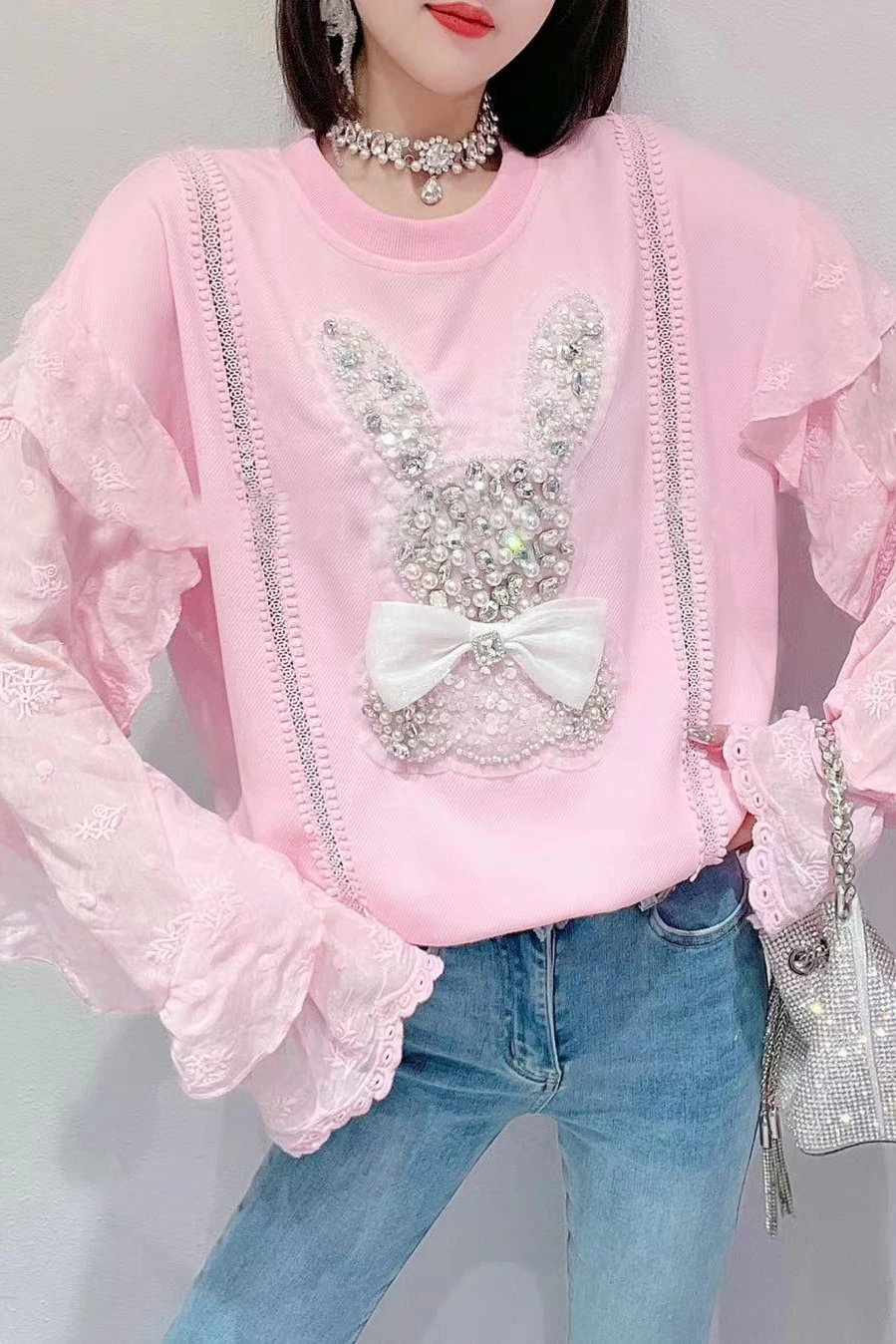 2023 Spring and Summer New Heavy Industry Beads Bow Cartoon Lace Ruffle Sleeve Loose Hoodies Pullover Long Sleeve Sweatshirt