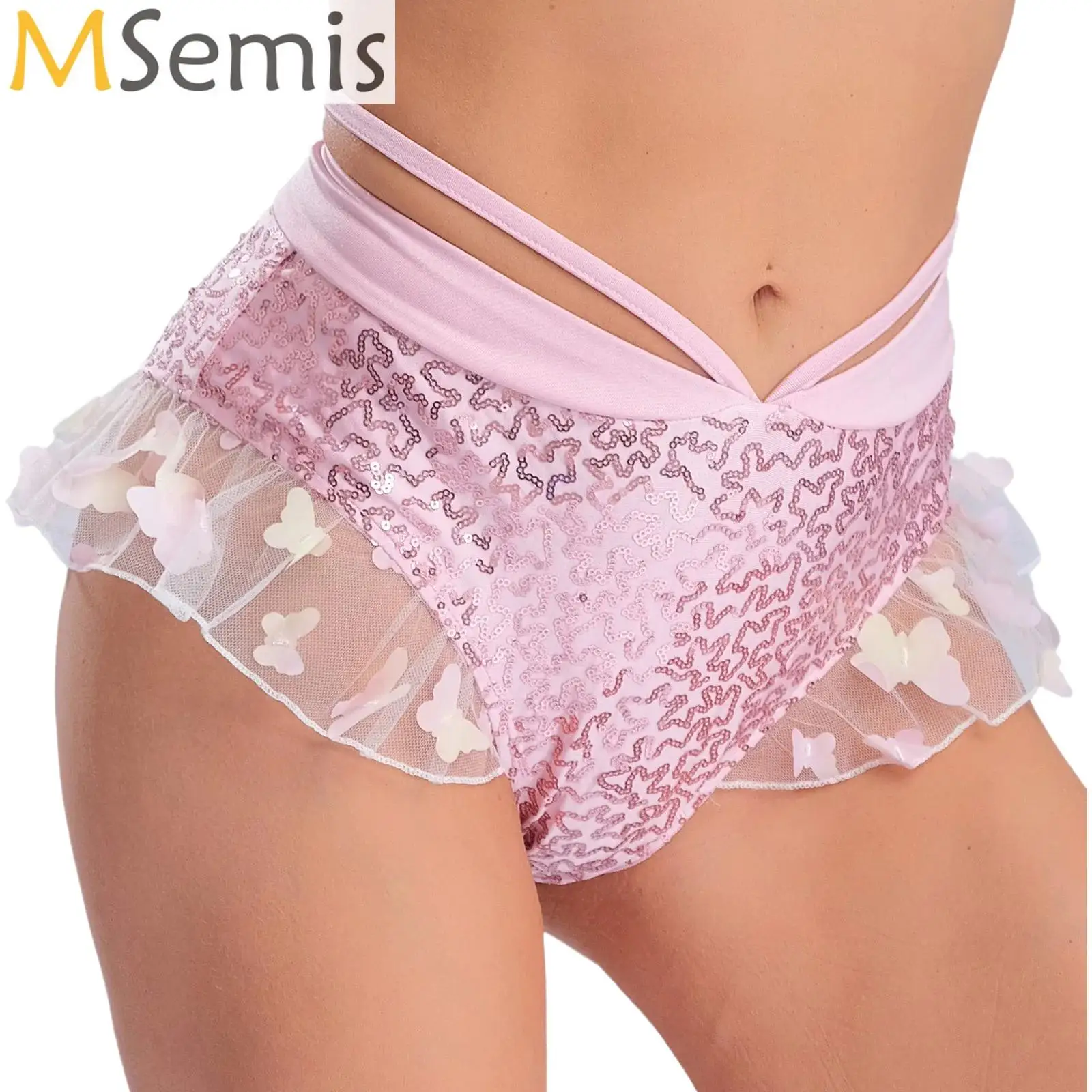 

Womens Tassel Pole Dance Shorts Belly Pole Dancewear Shiny Sequins Ruffle Mesh Butterfly Bottoms Sexy Rave Party Club Wear