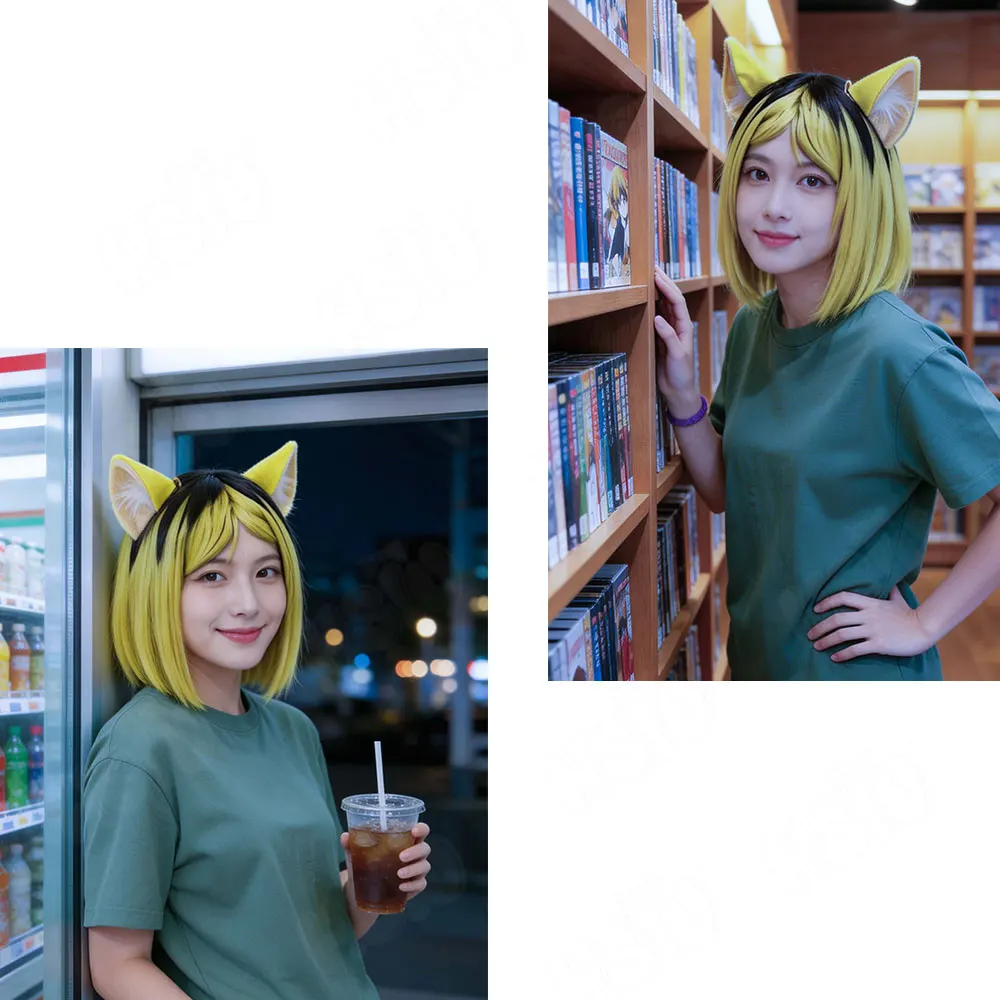 Chainsmoker Cat Yakuneko HSIU Cosplay Wig Short Blue Yellow Mixed Black Brown Heat Resistant Synthetic Hair Free Wig Cap