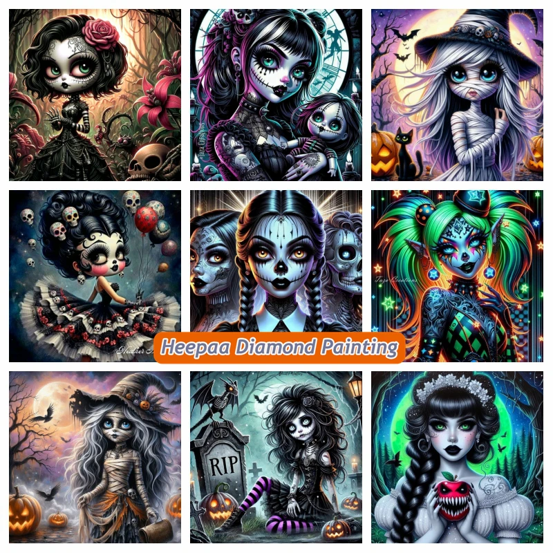 Gruseliges Halloween-Totenkopf-Mädchen, Diamant-Kunstgemälde, Horror-Skelett, Blumen, Frau, Kreuzstich, handgefertigt, Mosaik, Heimdekoration