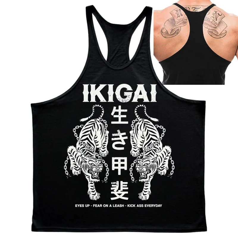 Мужская майка-стрингер Ikigai с японским тигром и жилетом Kanji для бодибилдинга и спортзала, летняя повседневная рубашка без рукавов