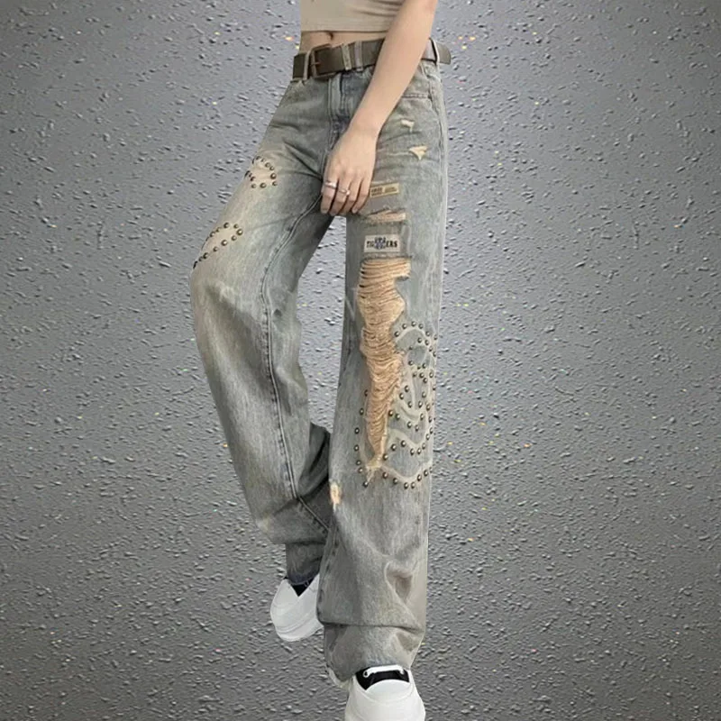 

High Waist Heavy Embellied Hollow out Distred Faion Slimming Versatile Floor Length Wide Leg Jeans Women's Spring New