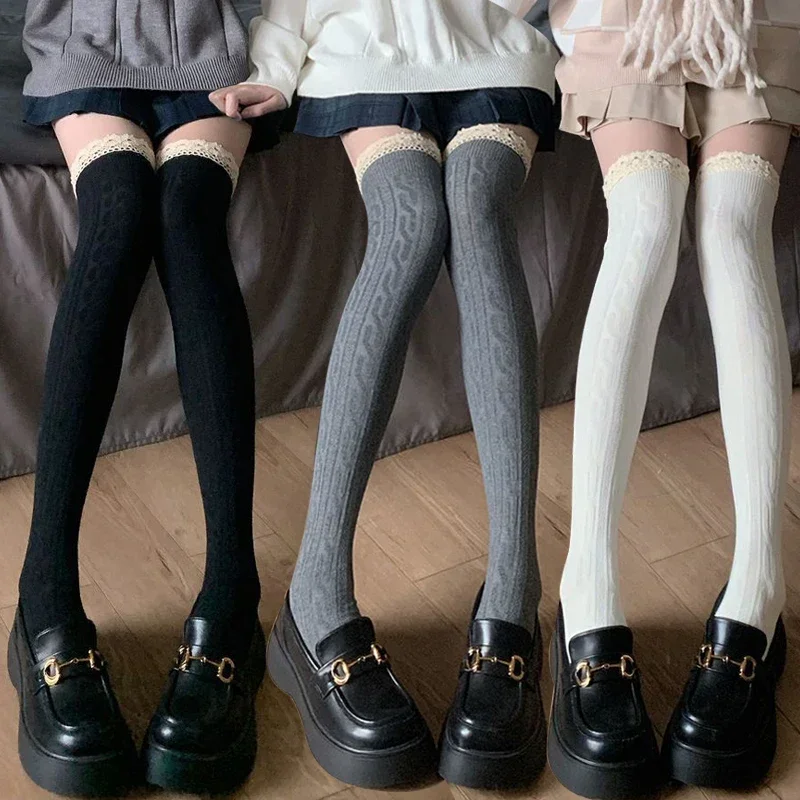 JK Lace Socks Lolita Lace Stockings Women Knitted Pattern Girls Cute Elegant Solid Color Winter Warmer Floor Hosiery