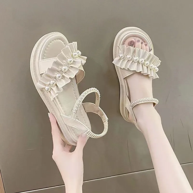 2024 Summer New Womens Sandals Fresh Thick Bottom Beach Beading Slip-On Comfort Soft Sole Roman Shoe Sandalias Beige Green