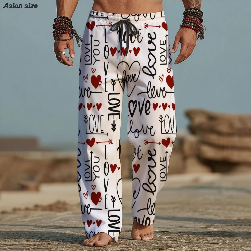 2026 Men's 3D Print Valentine's Day Pattern Trousers Baggy Pants Casual Pants Mid Waist Vacation Elastic Drawstring Waist Pants