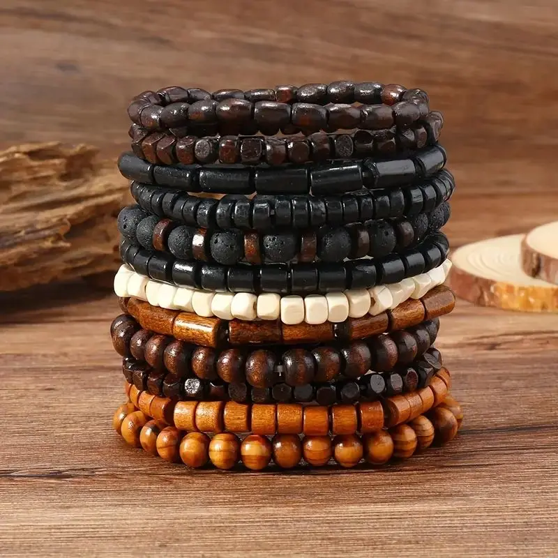 24pcs/set Men\'s Retro Trendy Multi-layer Bracelet Set, Versatile Elastic Thread Wooden Bead Bracelet