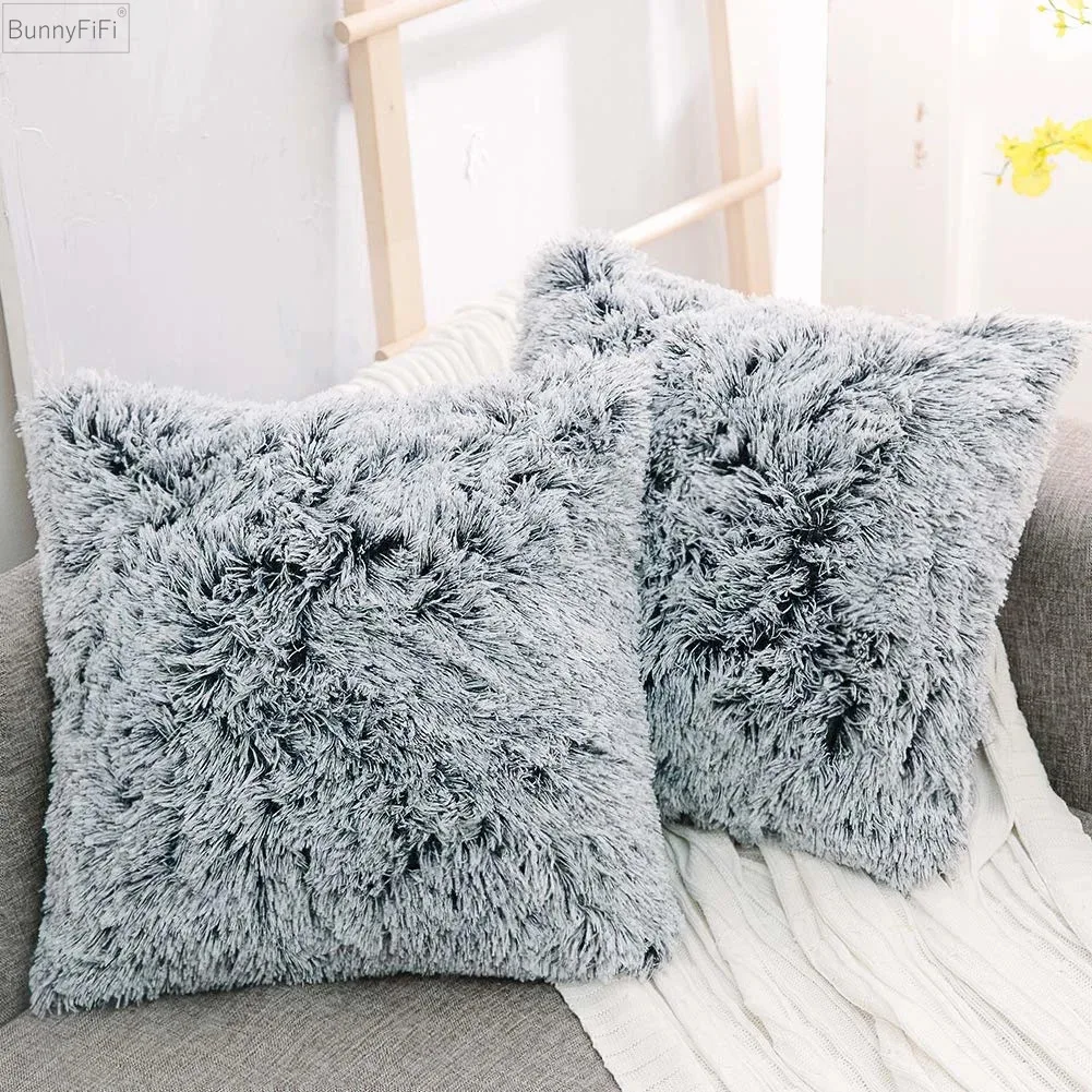 Juste de coussin en fourrure douce, taie d\'oreiller décorative en peluche confortable pour salon, décor de canapé, blanc, gris, 43x43cm