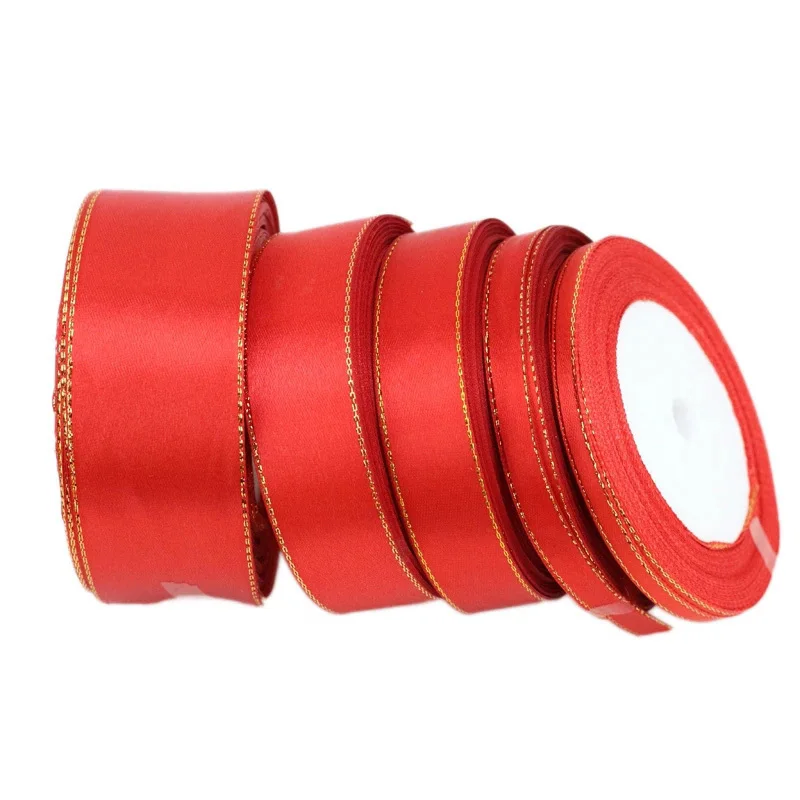 (25 Yards/roll) Red Gold Edge Satin Ribbon Wholesale Gift Handmade DIY Christmas Ribbons (6/10/20/25/40mm)