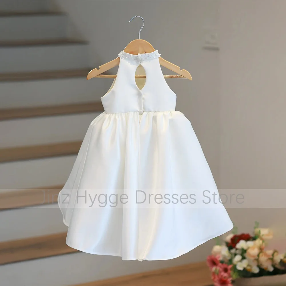 Customized Kid's Formal Party Dress Asymmetrical Pearls Sequined Halter Flower Girl Gown Hi-Low A Line Ivory Satin Girl's Dress