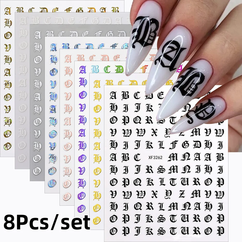 8 stks/set Gothic Letter Nail Art Stickers Holografisch Alfabet Ontwerp Nail Decal Lijm Hoofdletters Letter Nail Wraps Nail Decor *