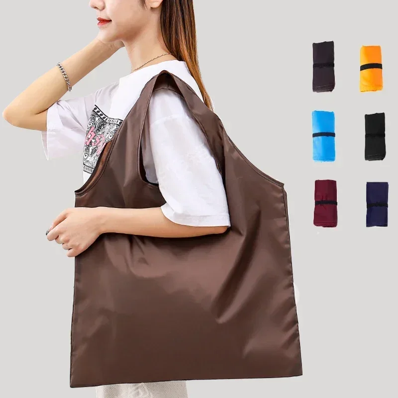 Solid Color Foldable Shopping Bag Reusable Travel Grocery Bag Eco-Friendly One Shoulder Handbag for Travel Supermarket Tote Bag