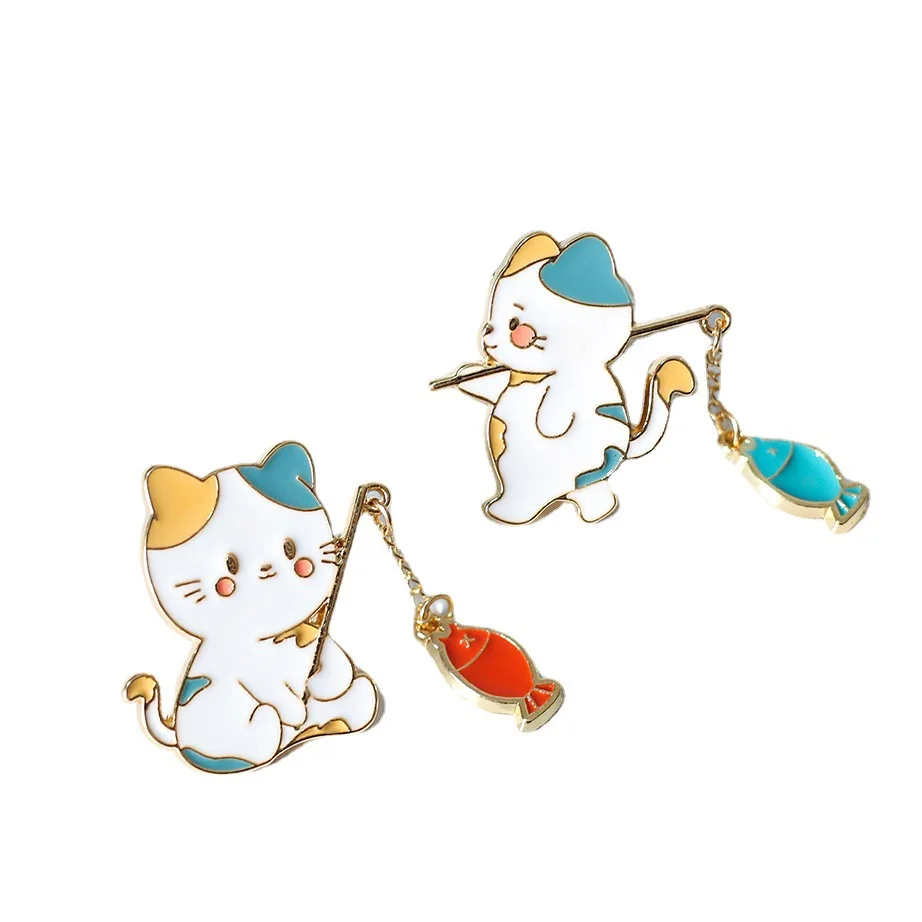 New Fashion Creative Cat Fishing Design Metal Enamel Brooch Cartoon Cute Animal Badge Pin Best Friend Gift Jewelry Accessories