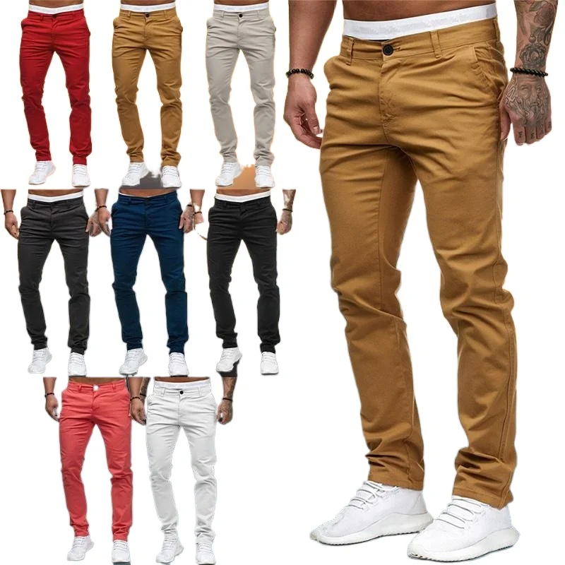 Mens Skinny Pants Slim Fit Business Casual Pencil Pants Solid Color Cotton Straight Leg Pencil Pants Mens Trousers 8 Colors