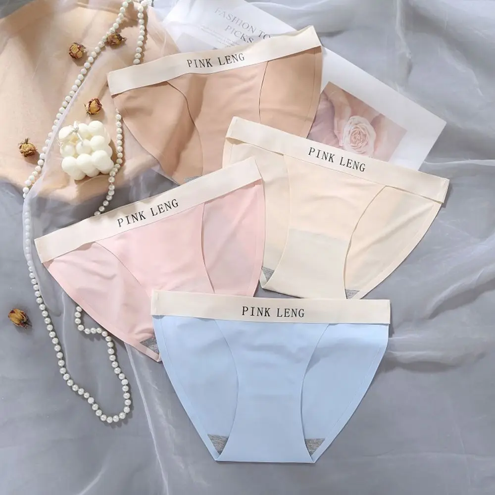 

Letter Fitness Solid Color Cotton Crotch Smooth Soft Ice Silk Brief Seamless Underpants Low Waist Panties Female Lingerie