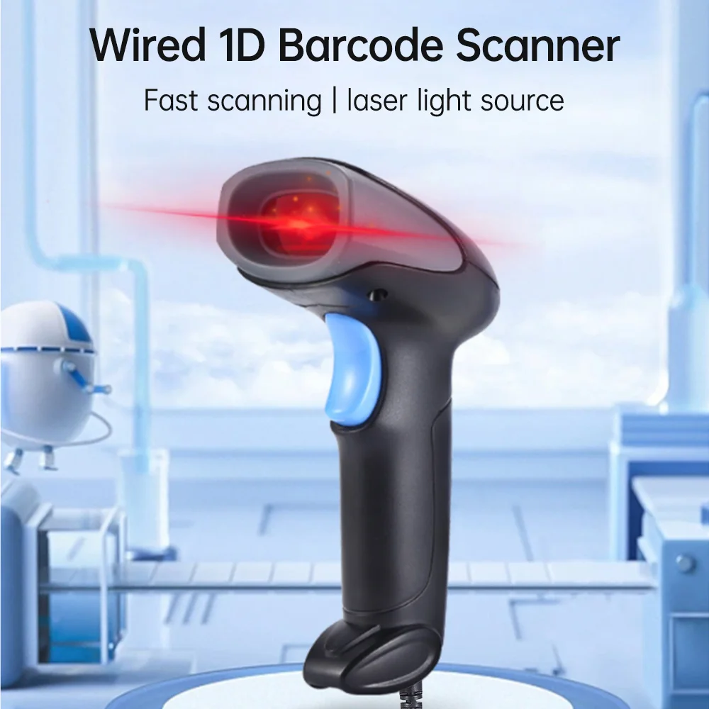 Lettore di codici a barre cablato per scanner di codici a barre laser 1D con cicalino e indicazione LED Porta USB con trigger manuale/automatico per supermercato