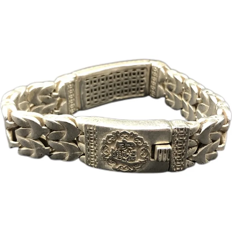 Recruiting Treasure Retro Miao Silver Inlaid Gemstone Universal Bracelet for Men and Women