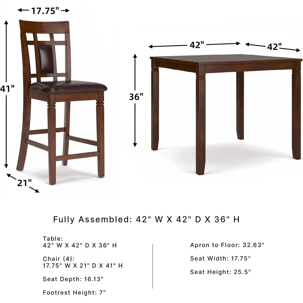 5-Piece Counter Height Dining Set | Rich Brown Wood Veneer, Wipe-Clean Leatherette Seats, 36 Pub Table with 4 Cushioned Stools