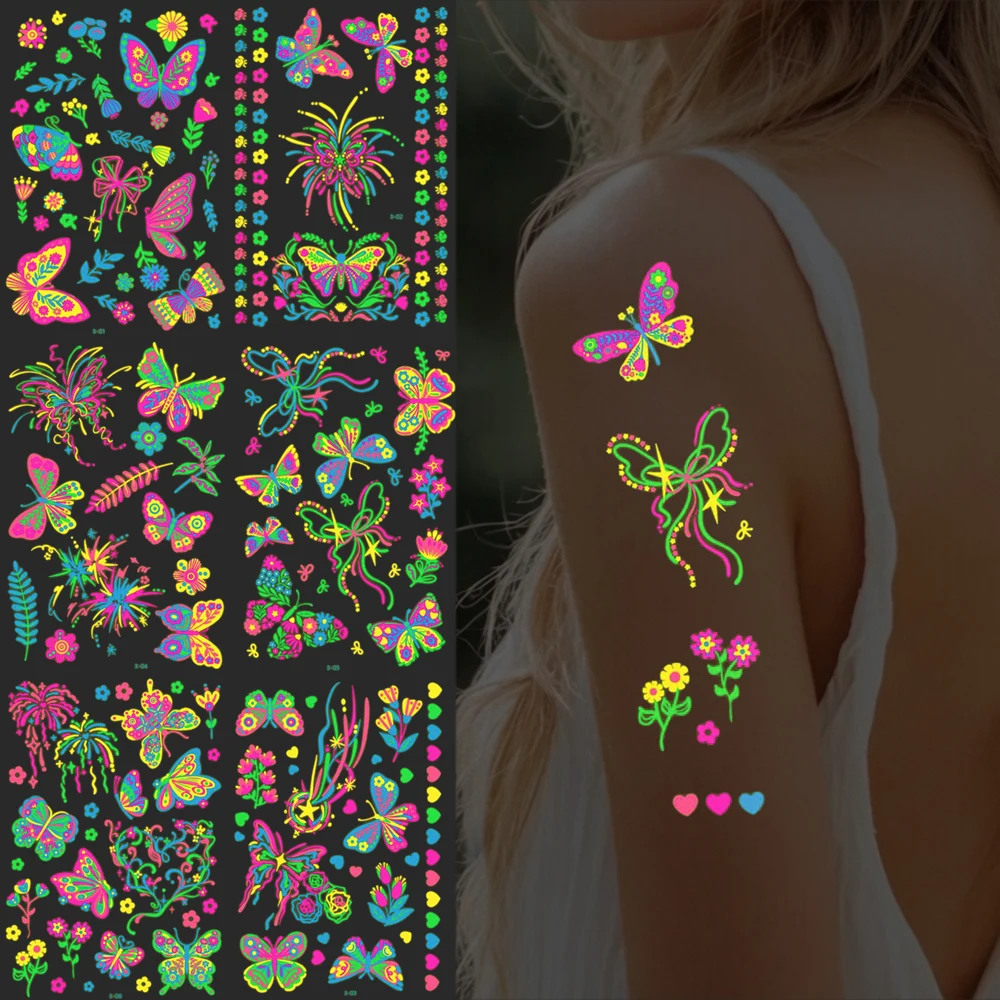 6 Sheets Butterfly Fluorescent Tattoo Stickers Music Notes Temporary Tattoos for Festivals Parties Flower Body Fake Tattoo Women