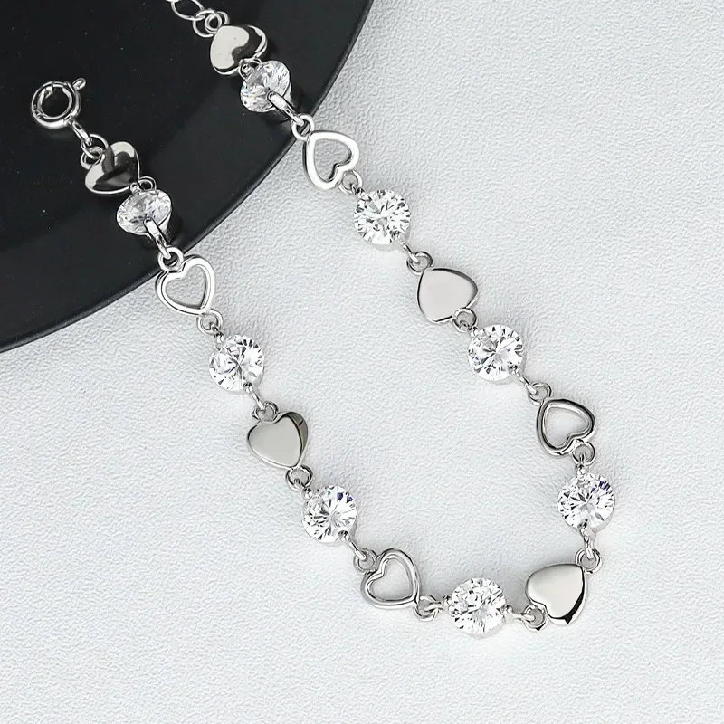 New 925 Sterling Silver Heart Zircon Bracelet for Women Korean Fashion Sweet Cool Hollow Heart Bracelets Party Jewelry Gifts